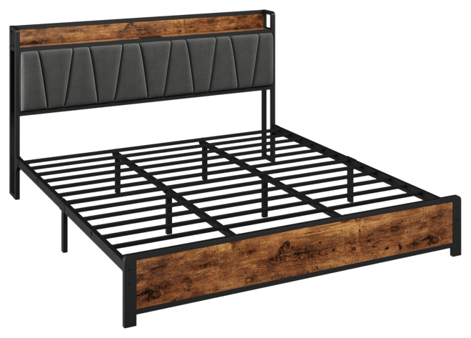 King Size Bed Frame with Storage Linen Upholstered Headboard, 4 Drawers Platform Bed Frame