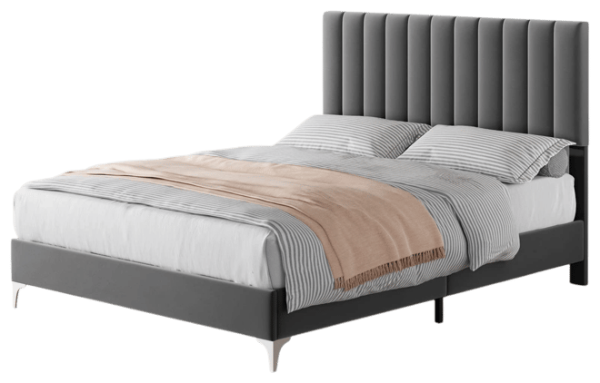 Queen Size Bed Frame with Adjustable Headboard, Velvet Upholstered Platform Bed Frame