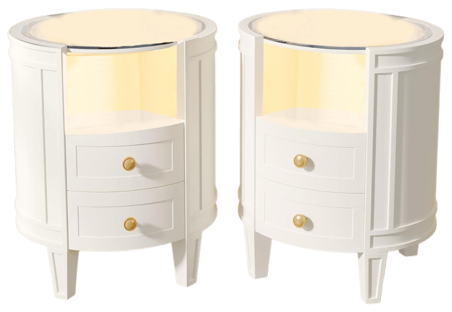 Set of 2 Nightstand with Led Glass Tabletop, Modern Ivory White Nightstand with 2 Drawers, No Assembly Required, Oval Bedside Table