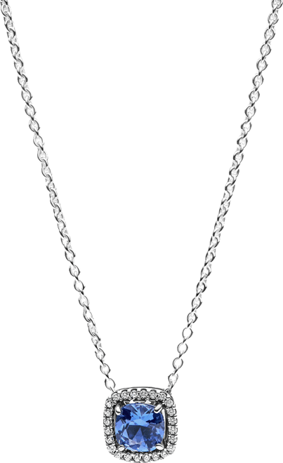 Sparkling Square Blue Halo Pendant Necklace