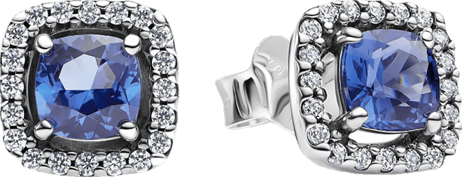 Sterling Silver Sparkling Square Blue Halo Stud Earrings