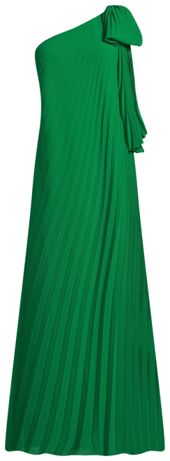 grey one shoulder bridesmaid dress Belle by Badgley Mischka Anna One Shoulder Bow Pleated Dress, Womens, 10, Palm Green