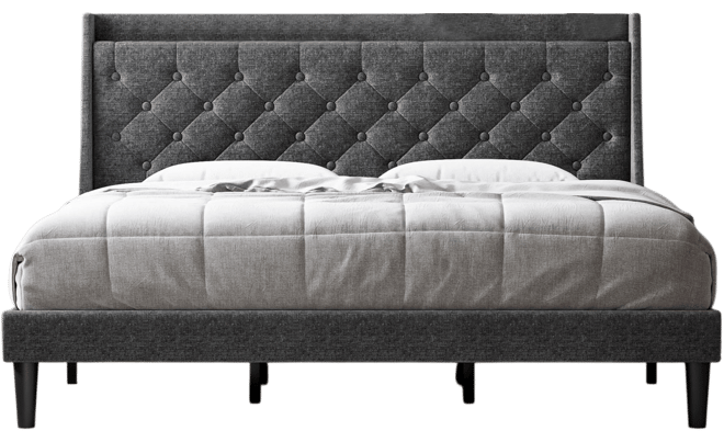 King Size Bed Frame with Upholstered Wingback Headboard, Luxurious Linen Upholstery Platform Bed with Charging Station