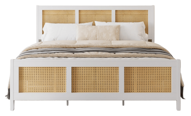 Queen Size Rattan Bed Frame with Headboard, Boho Cane Platform Bed Frame with Strong Metal Slat