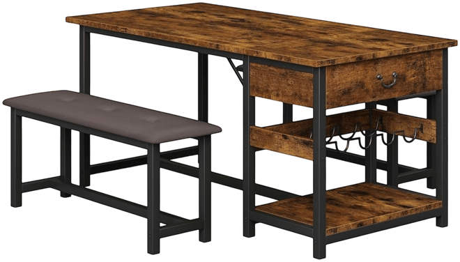 Dining Table Set with 2 Benches for 4 Kitchen Table Set with Storage Drawers & Wine Rack for Breakfast Nook and Small Space Dining Room Table S