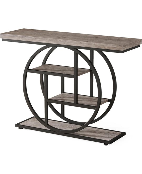 41.3" Console Table, Industrial 4-Tier Sofa Table Entryway Table with Circle Base, Narrow Wood Accent Tables with Storage Shelves for Livin