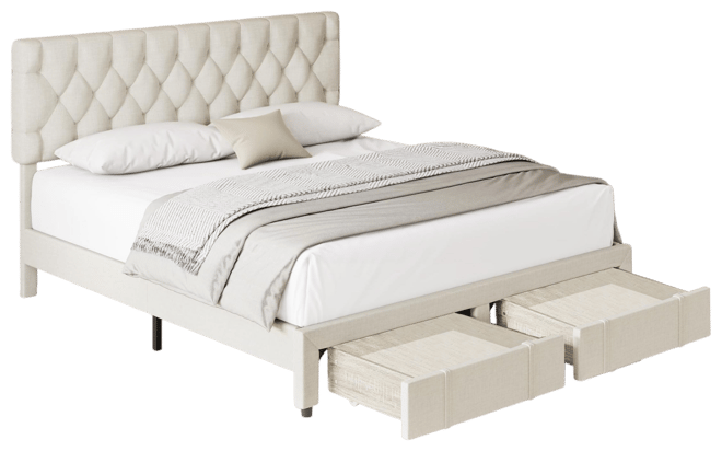 King Size Bed Frame with 1 Storage Drawers, Upholstered Platform Bed Frame