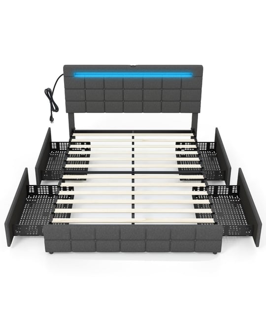 Upholstered Queen Led Bed Frame with Headboard and 4 Drawers-Queen Size
