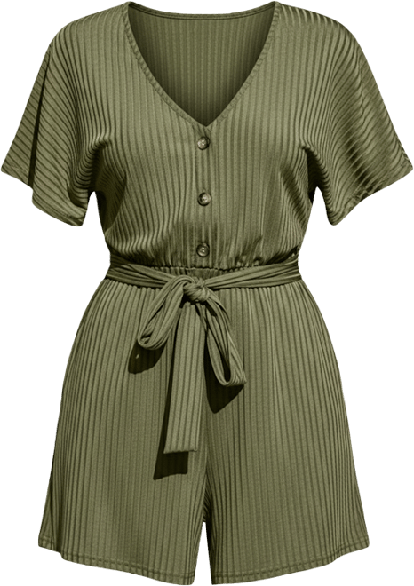 Women's Ribbed V-Neck Short Sleeve Romper