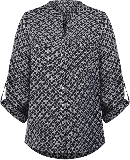 NY Collection Plus 3/4 Sleeve Roll Tab Y Neck Blouse