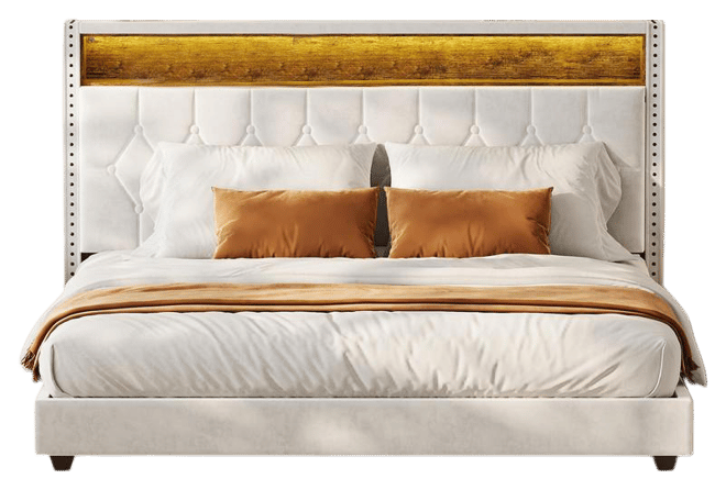 King Size Bed Frame with Led Lights and Charging Station, Velvet Upholstered Platform Bed Frame with Storage Headboard and Nailhead Trim Wingba