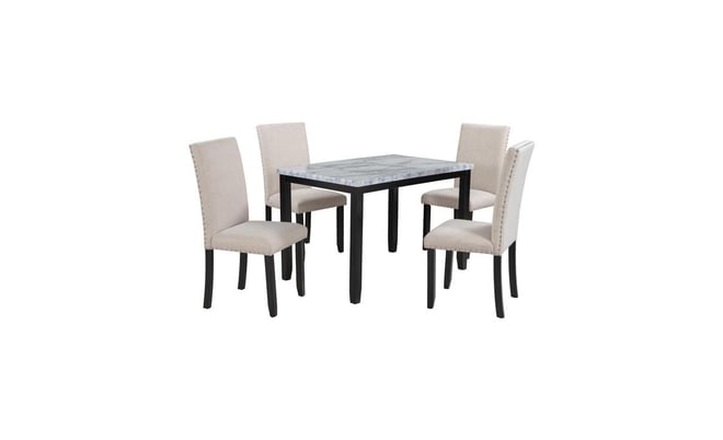 5-Piece Faux Marble Dining Set – Table with 4 Cushioned Chairs for Stylish Home Dining