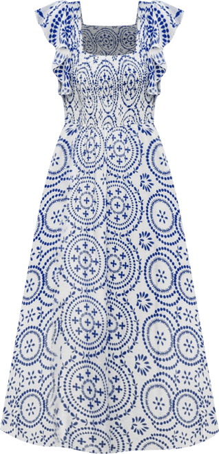 Women's Blue Ornate Square Neck Midi Beach Dress