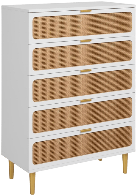 Rattan 5 Drawer Dresser for Bedroom, Tall Dresser with Deep Drawers