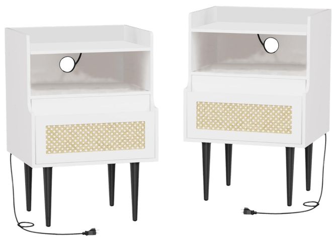 Nightstand Set of 2, Rattan End Table with Charging Station, 2 Open Shelves Beside Table with Drawer and Solid Legs, Modern Accent Table for Be