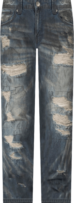 Men's Dark Tint Destroyed & Mended Slim Straight Premium Jeans