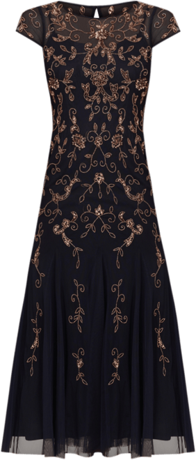 beaded occasion dress Green Hand Beaded Short Sleeve Floral Godet Gown main image 1