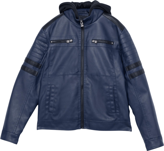 Boys Hooded Moto Pu Leather Jacket With Lining