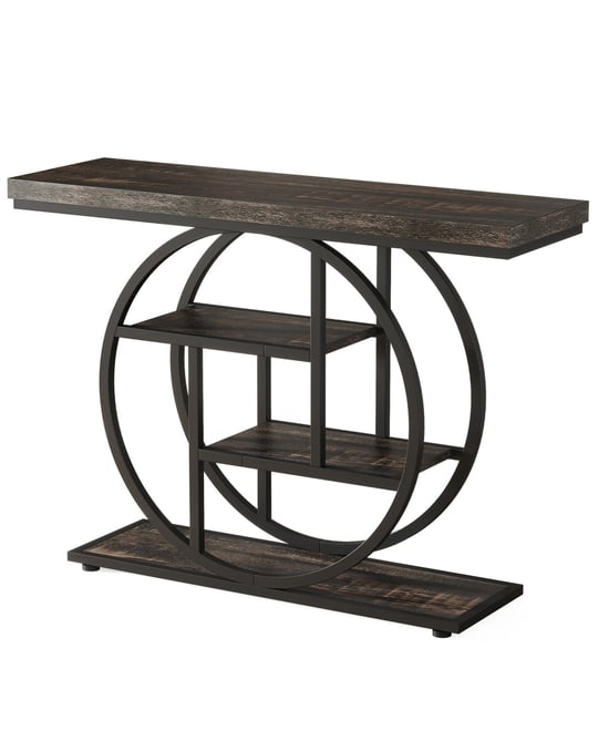 41.3" Console Table, Industrial 4-Tier Sofa Table Entryway Table with Circle Base, Narrow Wood Accent Tables with Shelves, Light Brown