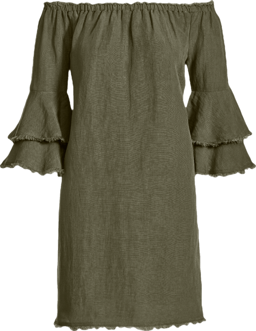 Linen Off The Shoulder Tiered Sleeve Shift Dress - Olive Night | Boston  Proper