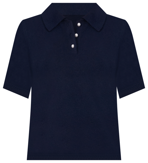 Women's Short Sleeve Polo Sweater with Cultivated Pearl Buttons