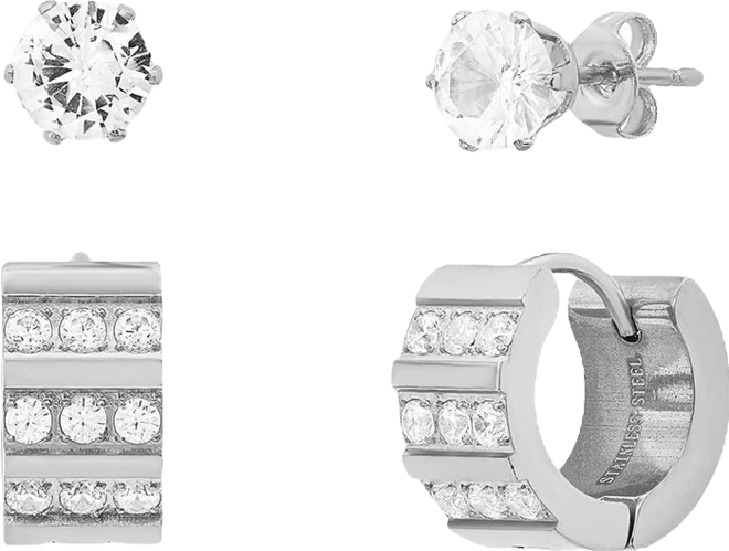 Women's 2 Pieces Set Stainless Steel and Simulated Diamond Cross Studs or Huggie Earrings Set