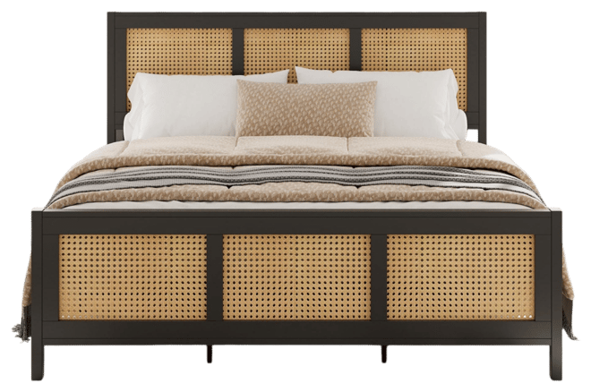 Queen Size Rattan Bed Frame with Headboard, Boho Cane Platform Bed Frame with Strong Metal Slat
