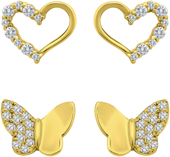 Cubic Zirconia Heart & Butterfly 2-Pc. Set Stud Earrings (1 ct. t.w.) in 18k Gold over Sterling Silver, Exclusively at Macy's