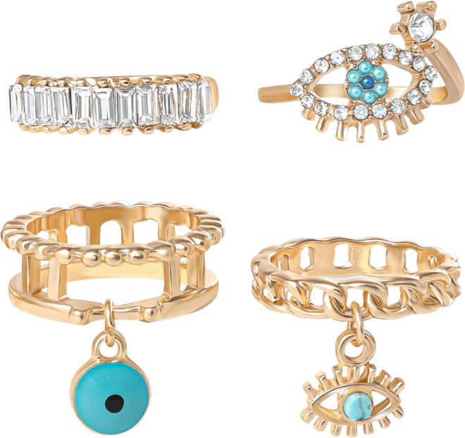 4-Piece Charm Ring Set with Turquoise Accents
