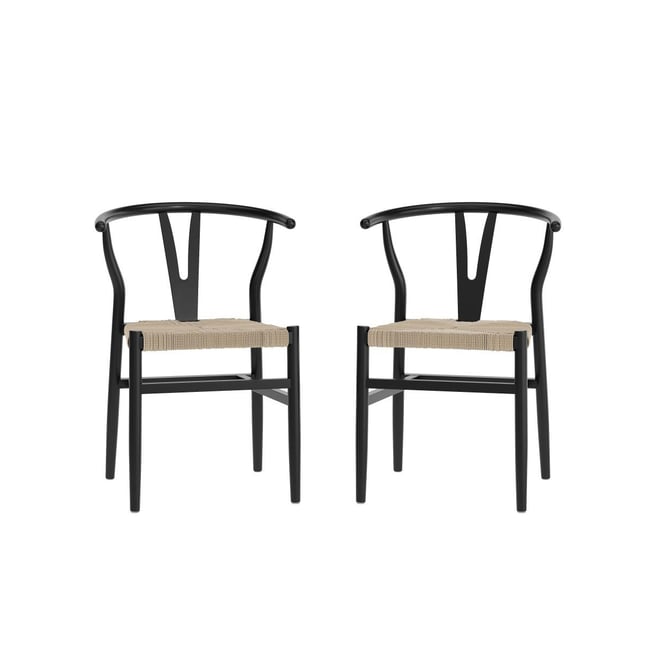 Devine Set Of 2 Y-Back Style Wooden Dining Chairs With Kraft Paper Rope Seats, Stackable Design