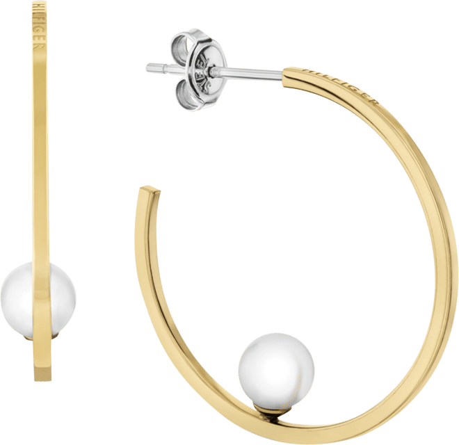 Gold-Tone Glass Pearl Medium Hoop Earrings , 1.2"