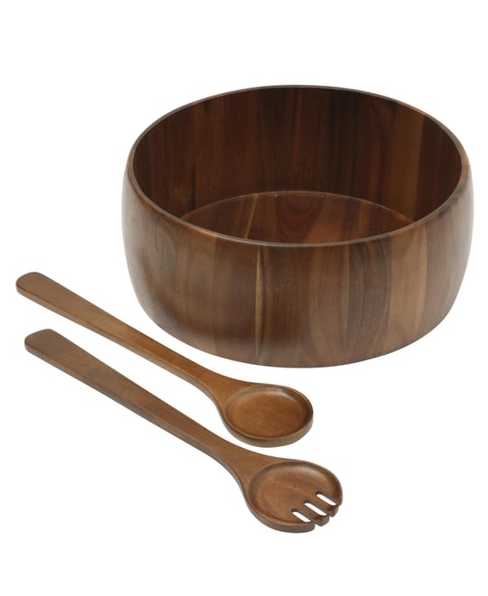 Laurelton 3 Piece Large 13" Acacia Wood Salad Serving Bowl Set w/ 2 Serving Tools