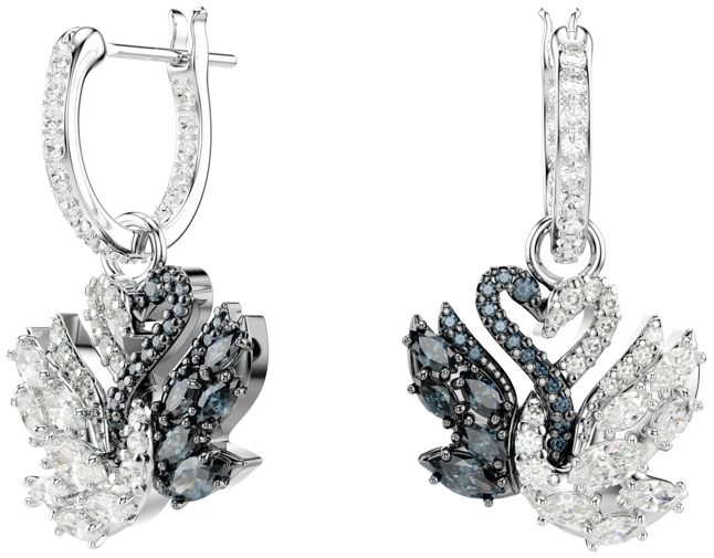 Swan Black, Rhodium Plated Drop Earrings