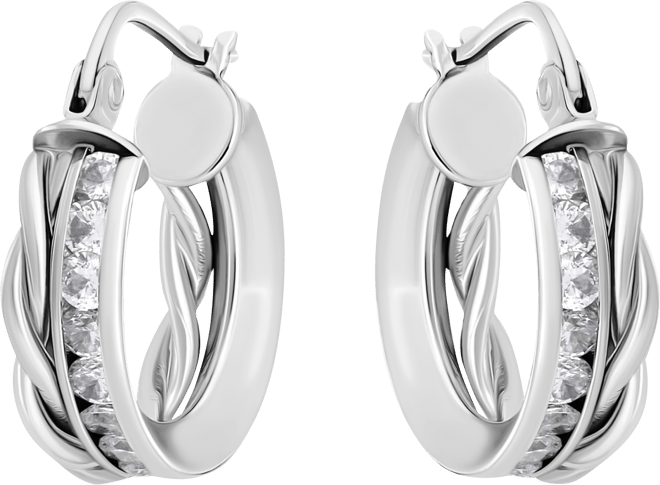 Cubic Zirconia Channel Set & Twist Double Row Small Hoop Earrings in Sterling Silver, 0.59", Exclusively at Macy's (Also Available in 18