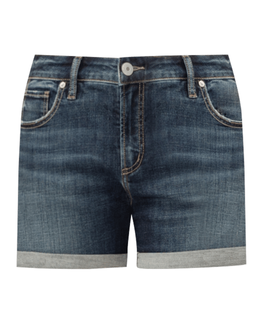 Silver Jeans Co. Women's Elyse Mid Rise Denim Shorts - Dark Indigo, Power Stretch, 9.5" Rise, 4" Inseam (95% Cotton, 4% Polyester, 1% Elastane)