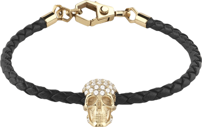 Men's Enigma Crystal Skull Black Leather Bracelet in Gold Ion-Plated Stainless Steel