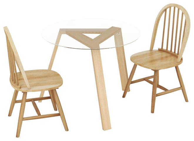 3 Pcs Dining Set for 2 Round Table with 2 Chairs Solid Rubber Wood Frame Modern