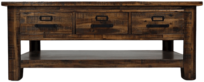 Cannon Valley Distressed Industrial Three Drawer 48" Coffee Table, Distressed Medium Brown
