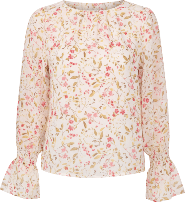 Women's Printed Long-Sleeve Smocked-Cuff Blouse