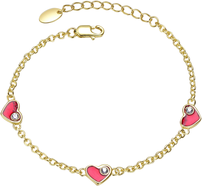 Sterling Silver 14K Gold Plated Red with Cubiic Zirconia & Heart Charm Link Bracelet