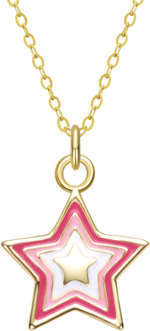 Sterling Silver 14K Gold Plated with Pink & White Enamel Lucky Star Pendant Charm Necklace