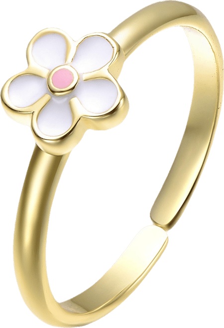 Sterling Silver 14K Gold Plated with Pink and White Enamel Flower Daisy Adjustable Ring
