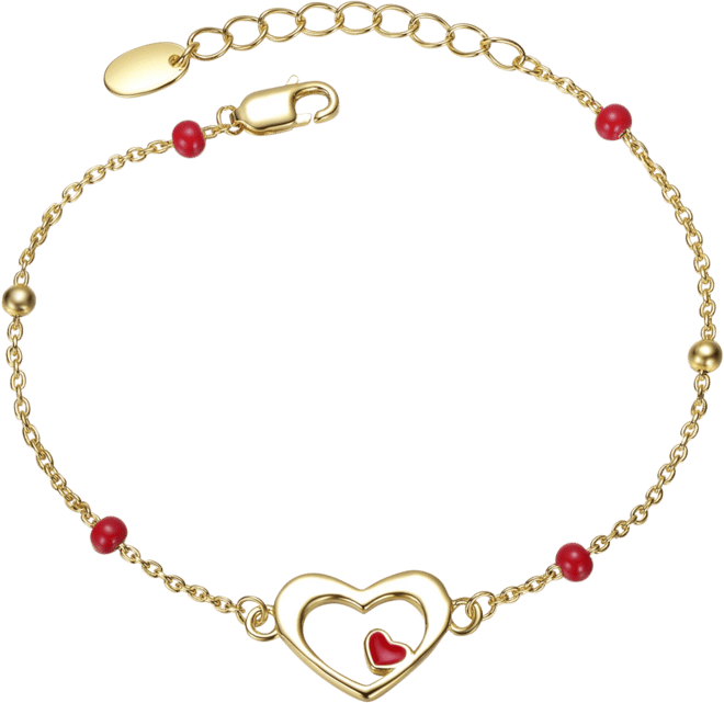Sterling Silver 14K Gold Plated with Alternating Red and Silver Pearls Link Chain Bracelet