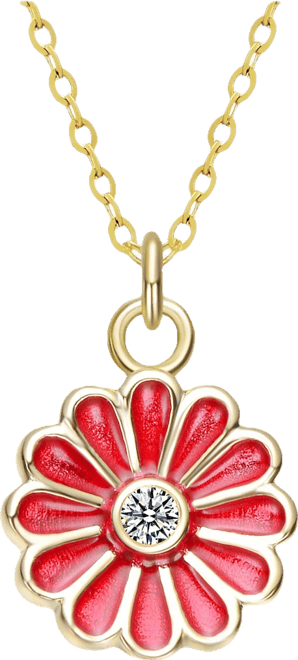 Sterling Silver 14k Gold Plated Colored Enamel and Cubic Zirconia Flower Pendant Necklace