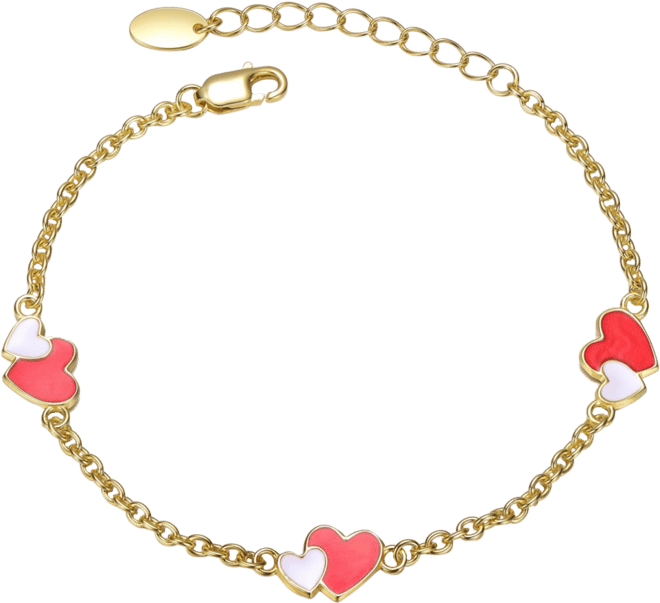 Sterling Silver 14K Gold Plated Red & White Enamel Double Heart Charm Bracelet