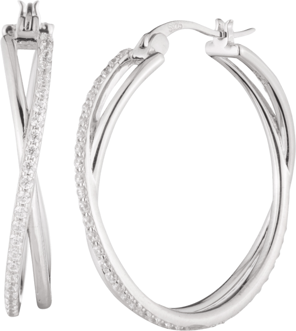 Sterling Silver Cubic Zirconia Pave Medium Hoop Earrings, 1.3"