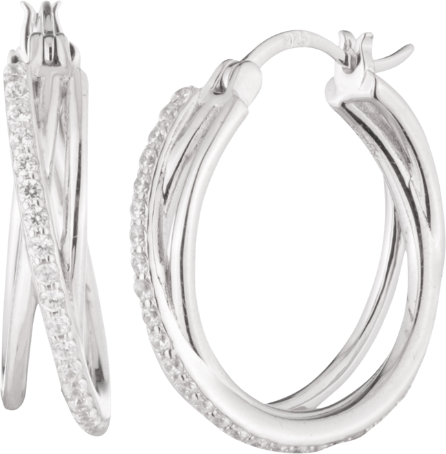 Sterling Silver Cubic Zirconia Pave Small Hoop Earrings, 1"