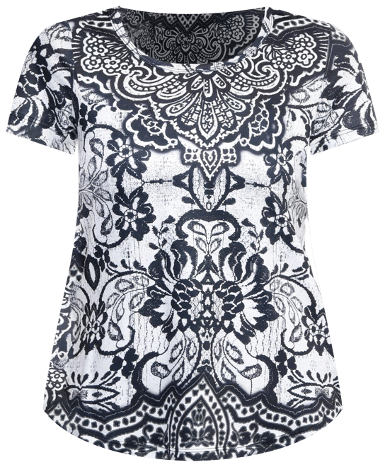 One World Petite Print Rhinestone Short Sleeve Top