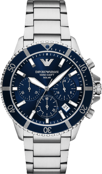 Men's Chronograph World Explorer Solar Stainless Steel Bracelet Watch 44mm