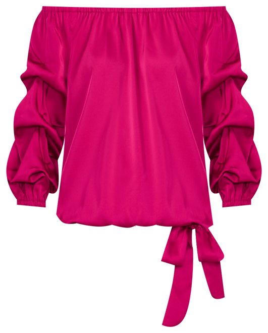 Women's Satin Off-The-Shoulder Bubble 3/4-Sleeve Tie-Front Blouse